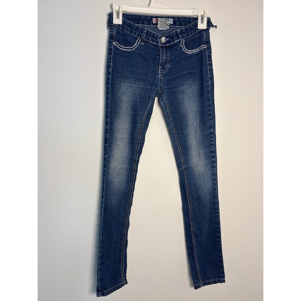 YASO Girls Dark Wash Skinny Jeans Size 12 Contrast Stitch Rhinestone Denim‎
